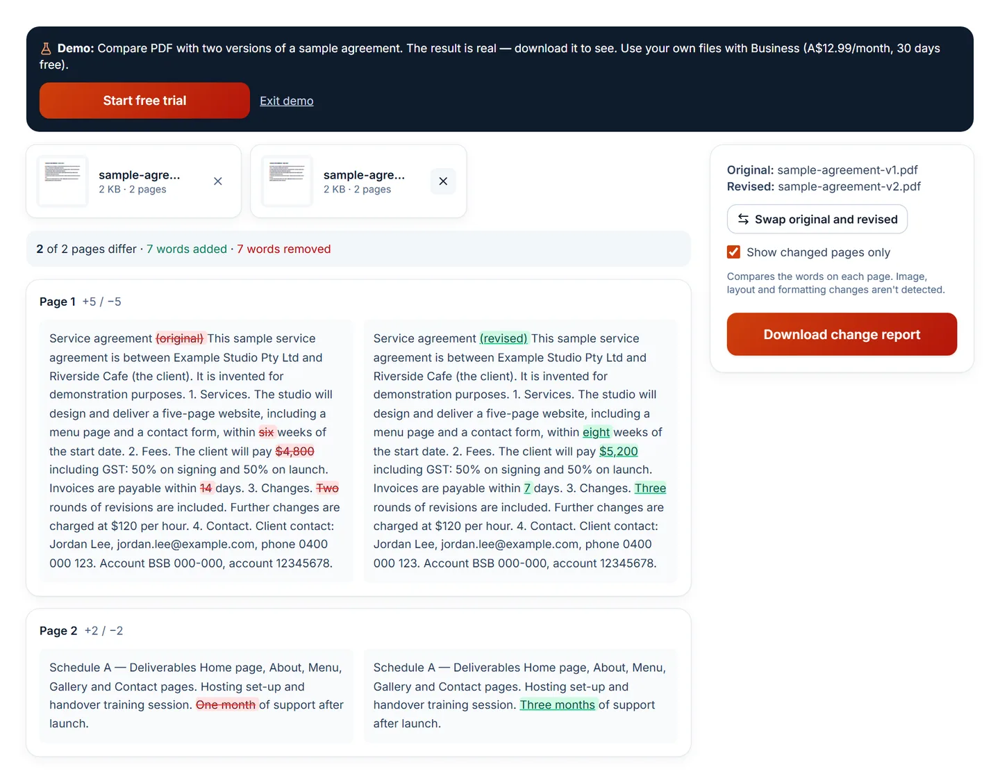 Compare PDF showing removed words struck through in red and added words underlined in green