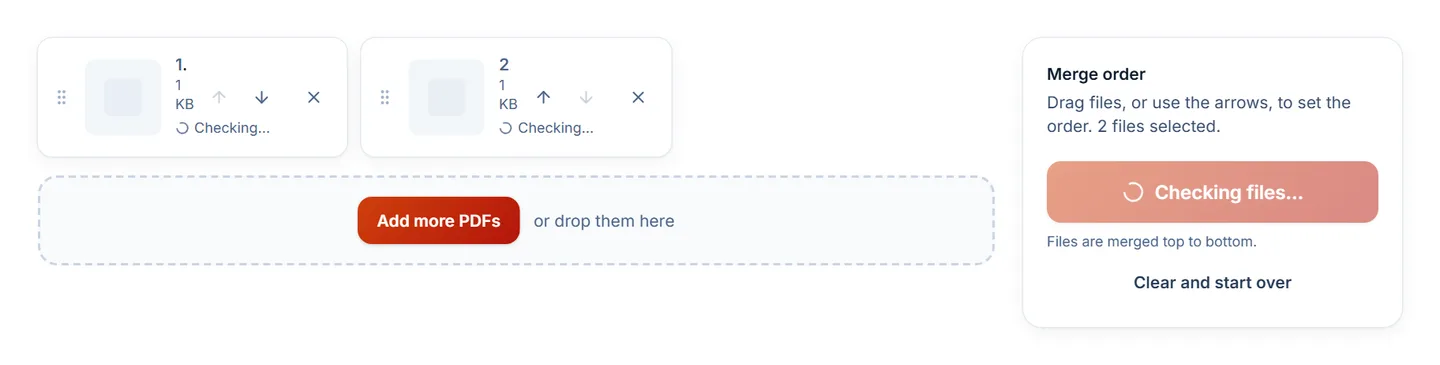 Merge PDF with two files added, showing page counts and controls to change their order