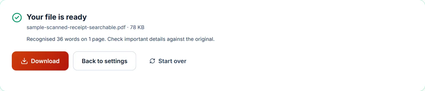 OCR result: the searchable PDF is ready, with a summary of words recognised