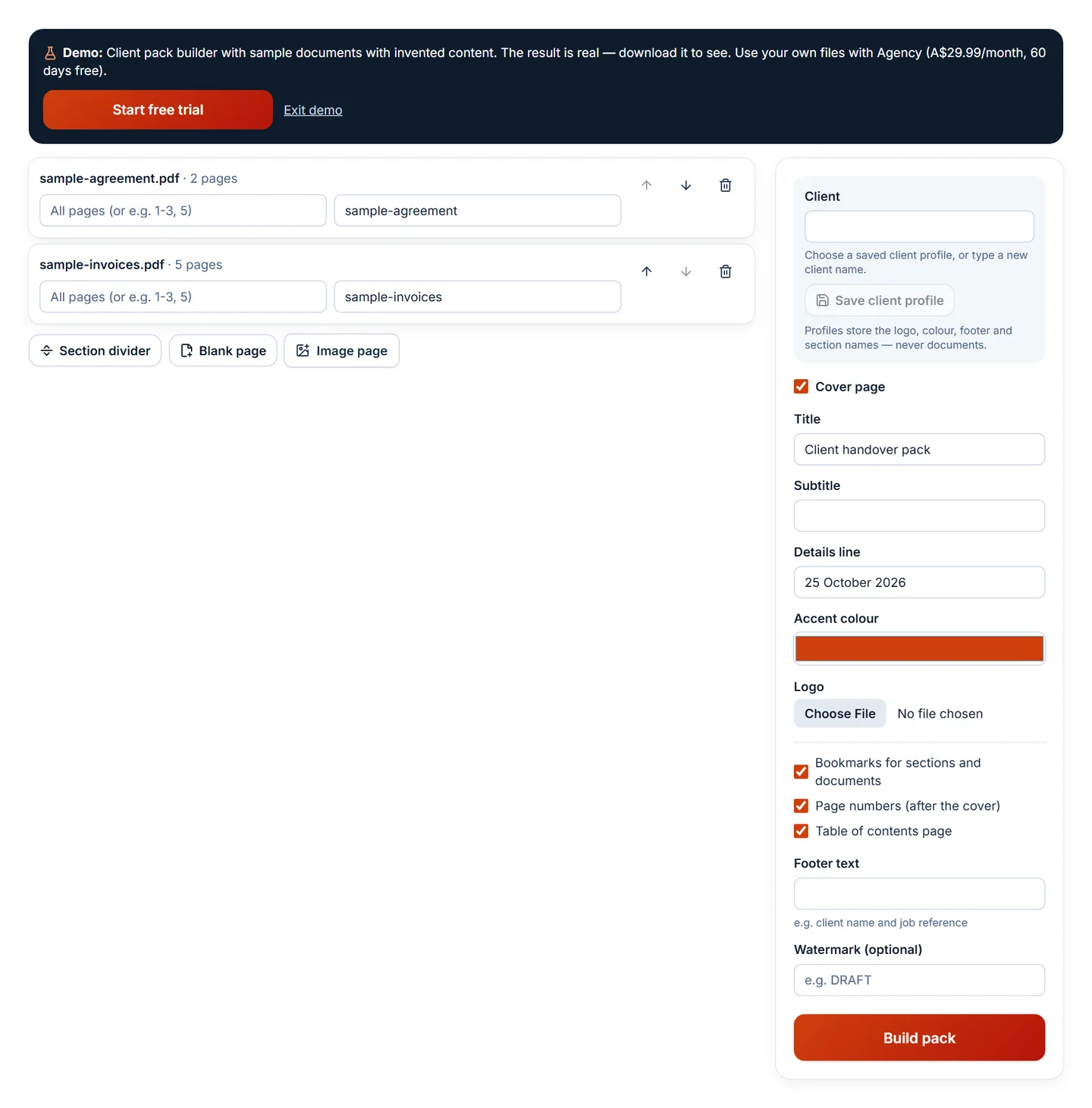 Client pack builder with documents listed, section controls and branding options