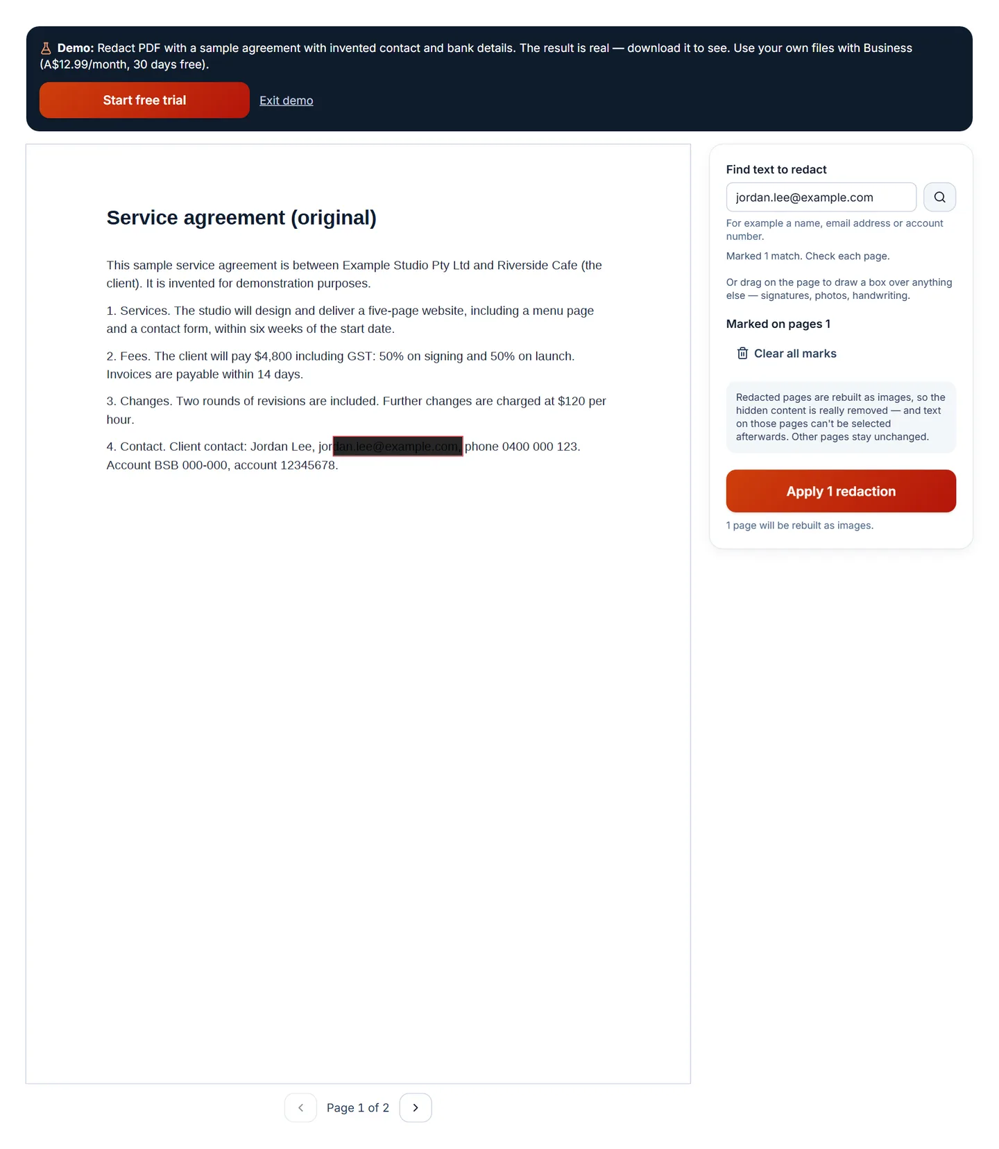 Redact PDF with an email address found by search and marked with a black box