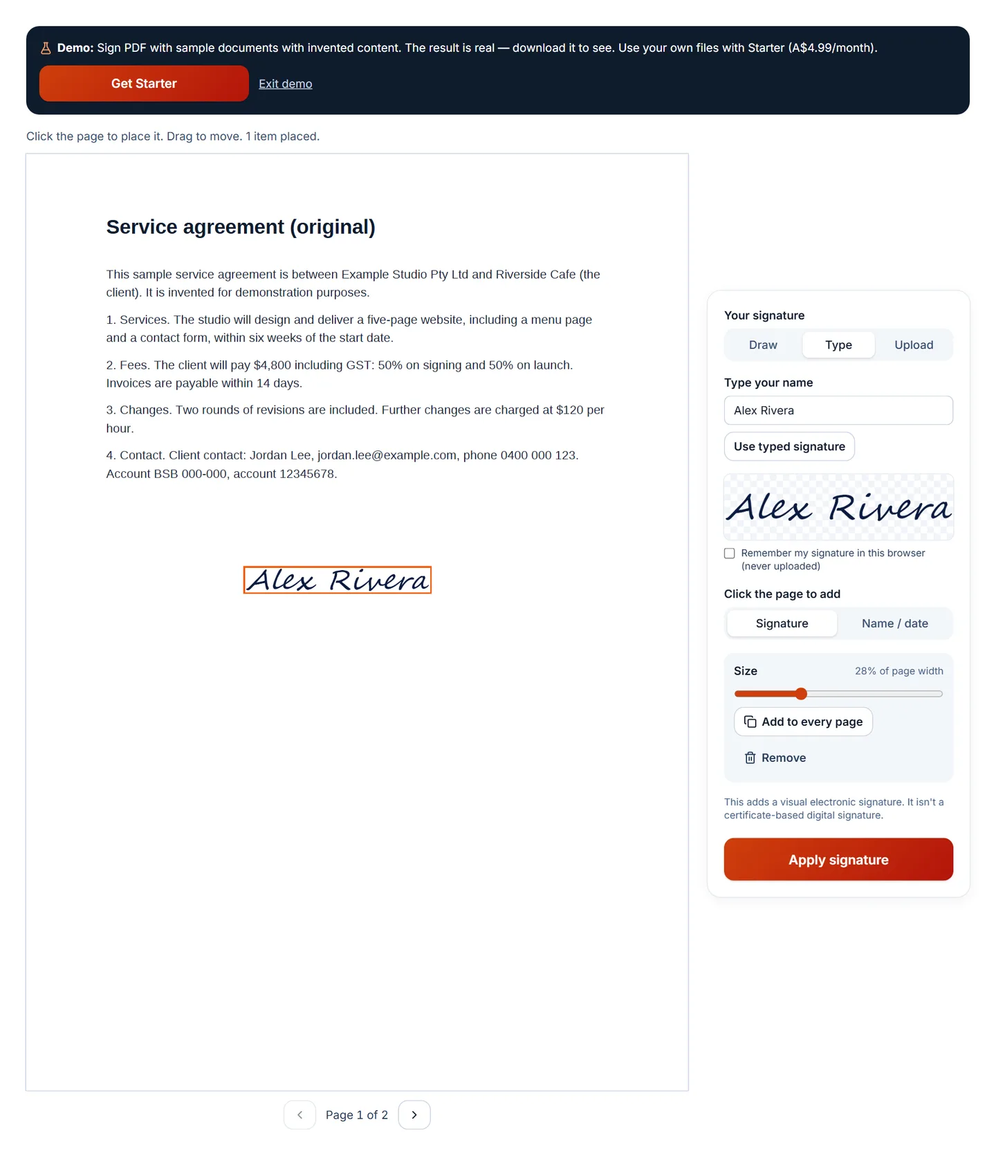 Sign PDF with a typed signature placed on a sample agreement