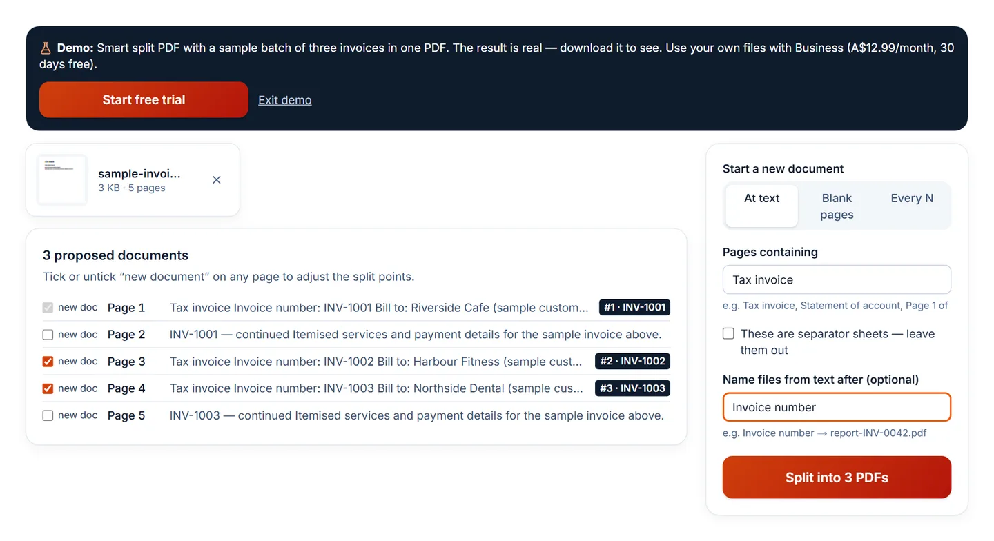 Smart split preview listing pages, with three proposed documents named INV-1001, INV-1002 and INV-1003
