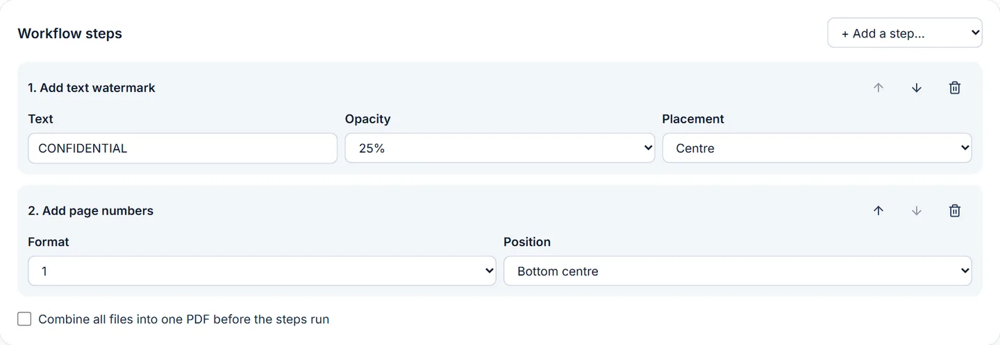 Workflow builder with a watermark step and a page-number step